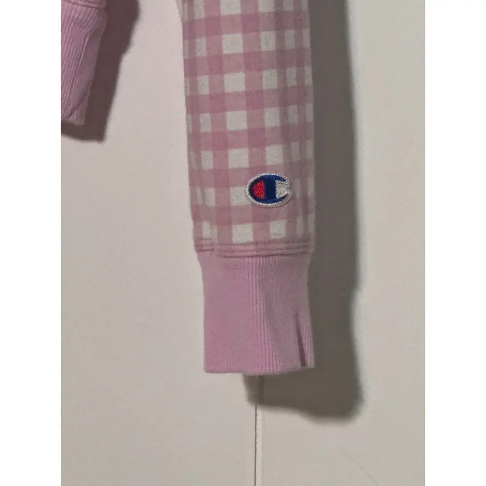 Champion Girls Pink Gingham Check Campus Hoodie Embroidered Logo Sweatshirt S